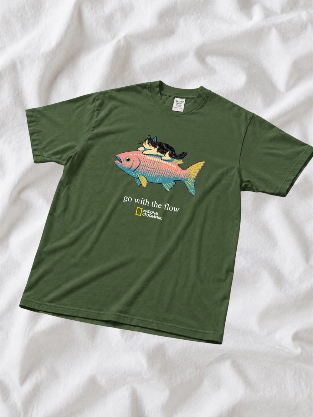 Green Tee with Colorful Fish & Cat Graphic T-shirt - Picture 2 of 3